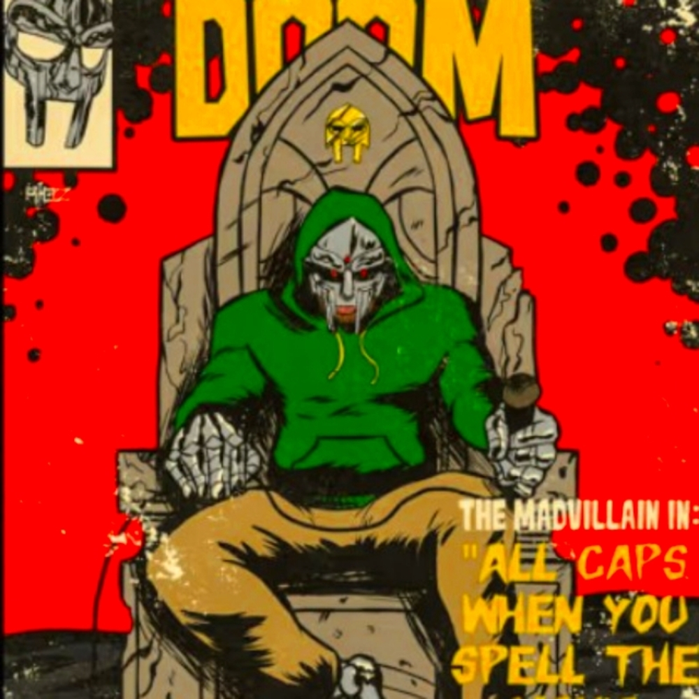 *NEW* MF DOOM GRAPHIC BLACK TEE; "ALL CAPS WHEN YOU SPELL THE MAN'S NAME".